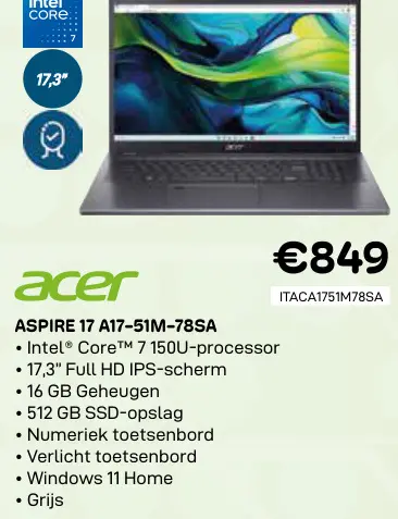 Promotie: Aspire 17 a17-51m-78sa