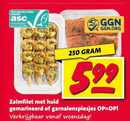 Aanbieding: Zalmfilet met huid gemarineerd of garnalenspiesjes