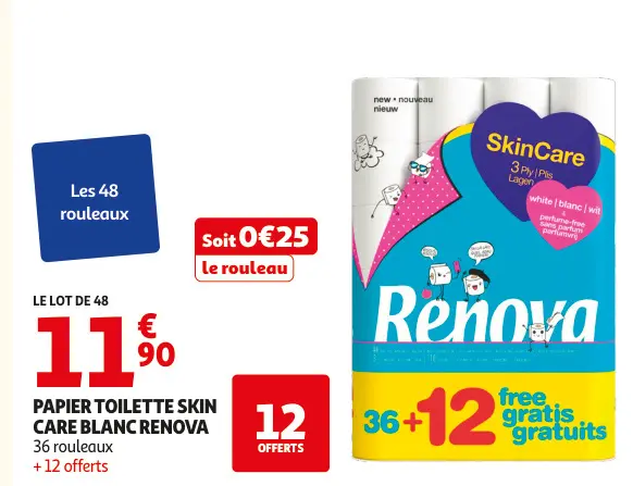 Offre: Papier toilette skin care blanc Renova