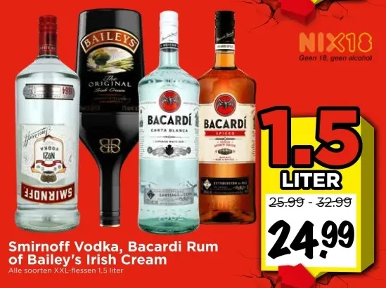 Aanbieding: Smirnoff Vodka, Bacardi Rum of Bailey's Irish Cream