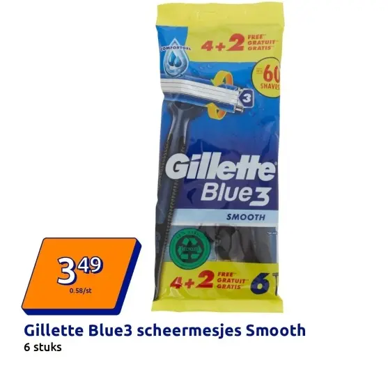 Promotie: Gillette Blue3 scheermesjes Smooth