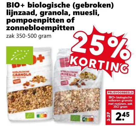 Aanbieding: BIO+ biologische (gebroken) lijnzaad, granola