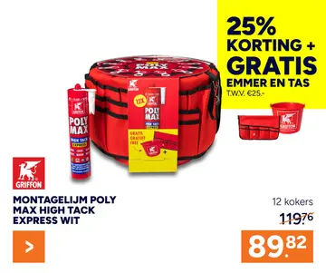 Aanbieding: Griffon Montagelijm Poly Max High Tack Express Wit 12st Met Bucket