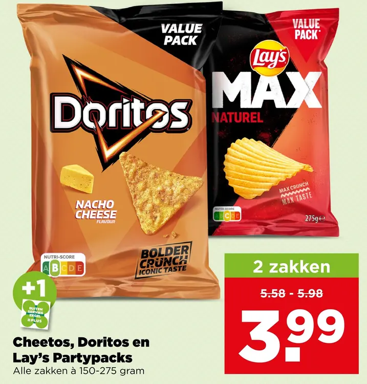 Aanbieding: Cheetos, Doritos en Lay's Partypacks