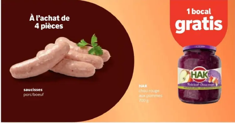 Offre: saucisses porc/boeuf + Hak chou rouge gratis