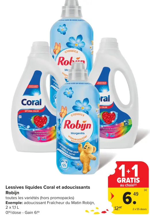 Offre: Lessives liquides Coral et adoucissants Robij