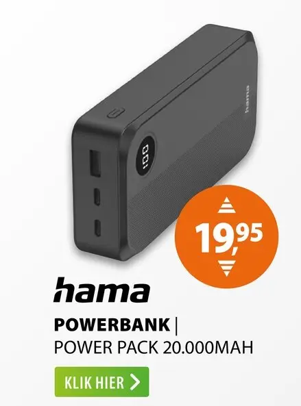 Aanbieding: Hama Power Pack 20.000mAh 3 Uitgangen: 2X USB-C 1X USB-A Zwart