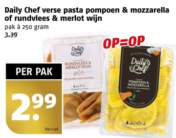 Aanbieding: Daily Chef verse pasta pompoen & mozzarella of rundvlees & merlot wijn