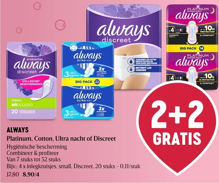 Promotie: Platinum, Cotton, Ultra nacht of Discreet Hygiënische bescherming