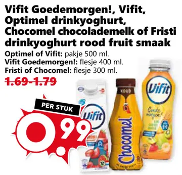 Aanbieding: Vifit Goedemorgen!, Vifit, Optimel drinkyoghurt, Chocomel chocolademelk of Fristi drinkyoghurt rood fruit smaak