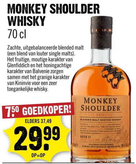 Aanbieding: Monkey Shoulder Blended Malt Whisky 70 cl
