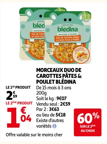 Offre: Morceaux duo de carottes pâtes & poulet