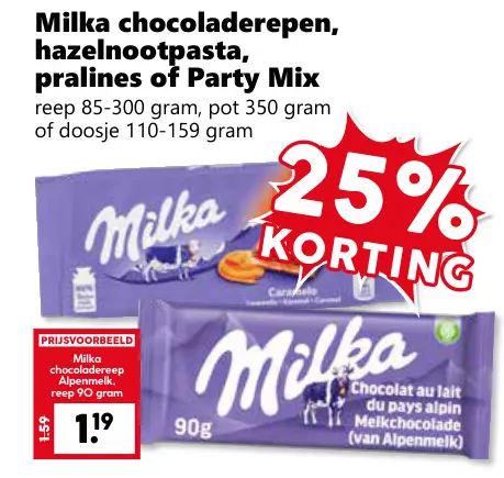 Aanbieding: Chocoladerepen, hazelnootpasta, pralines of Party Mix