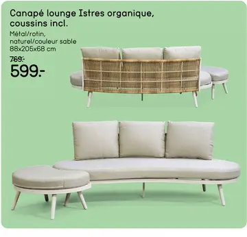 Offre: Canapé lounge Istres - couleur sable - coussins inclus