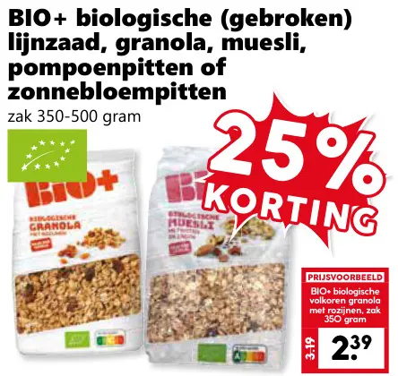 Aanbieding: BIO+ biologische (gebroken) lijnzaad, granola, muesli, pompoenpitten of zonnebloempitten