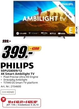 Aanbieding: PHILIPS 50PUS8009/12 4K Smart Ambilight TV