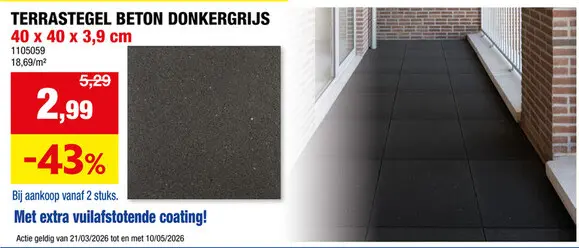 Promotie: terrastegel 40x40x3,9 cm gecoat donker grijs