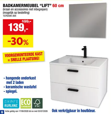 Promotie: Aurlane Lift badkamermeubel set 60cm met wastafel en spiegel wit