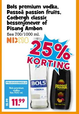 Aanbieding: Bols premium vodka, Passoa passion fruits, Coebergh classic bessenjenever of Pisang Ambon