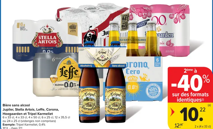 Offre: Bière sans alcool Jupiler, Stella Artois, Leffe, Corona, Hoegaarden ou Tripel Karmeliet
