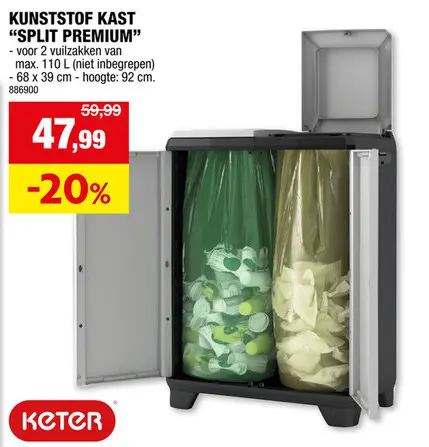 Promotie: Keter Split premium opbergkast voor afval sorteren 68x92x39 cm
