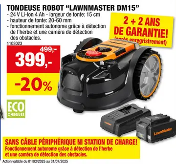 Offre: LawnMaster tondeuse robot 24V Li-Ion 300m² + batterie 24V 4Ah + chargeur