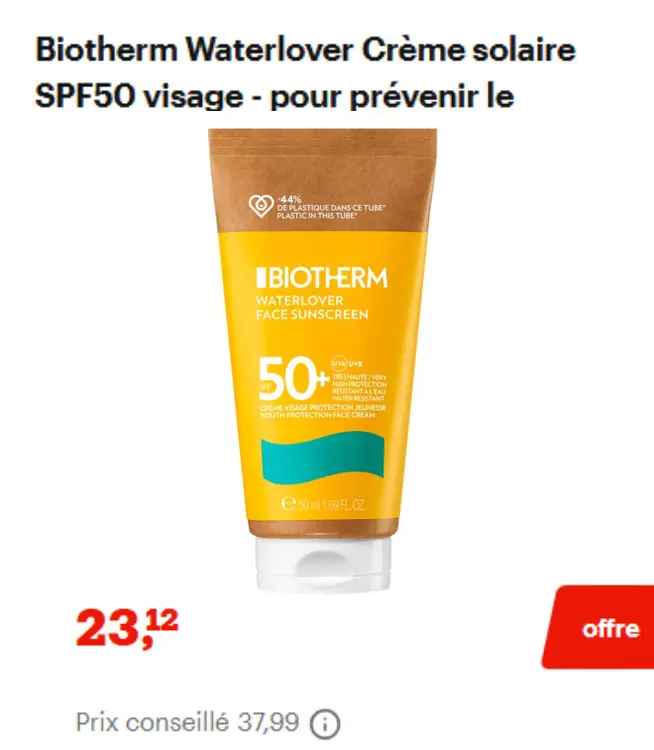 Offre: Biotherm Waterlover Crème solaire SPF50 visag