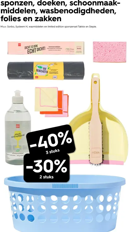 Aanbieding: Sponzen, doeken, schoonmaakmiddelen, wasbenodigdheden, folies en zakken