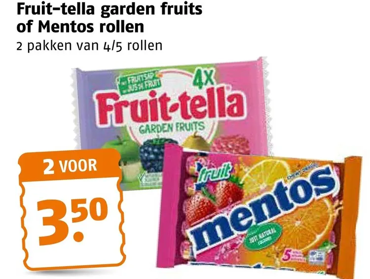 Aanbieding: Fruit-tella garden fruits of Mentos rollen
