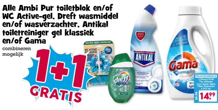 Aanbieding: Ambi Pur toiletblok en/of WC Active-gel, Dreft wasmiddel en/of wasverzachter, Antikal toiletreiniger gel klassiek en/of Gama
