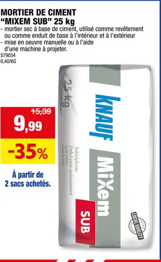 Offre: MORTIER DE CIMENT "MIXEM SUB" 25 kg