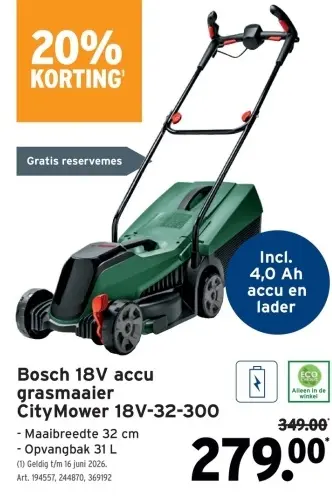 Promotie: Bosch 18V accu grasmaaier CityMower 18V-32-30