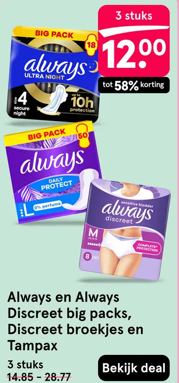 Aanbieding: Always en Always Discreet big packs, Discreet broekjes en Tampax