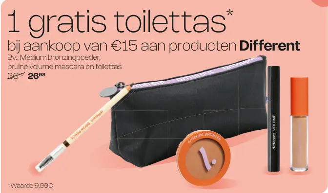 Promotie: Different Medium bronzingpoeder, bruine volume mascara en toilettas