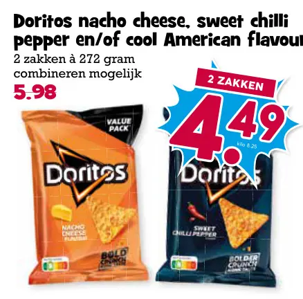 Aanbieding: Doritos nacho cheese, sweet chilli pepper en/of cool American flavour