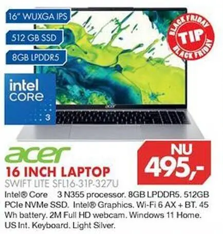 Aanbieding: 16 inch laptop swift lite sfl16-31p-327u