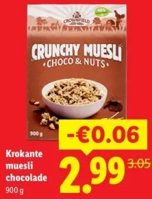 Aanbieding: Crownfield Krokante muesli chocolade