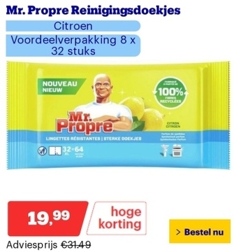 Aanbieding: Mr. Propre Reinigingsdoekjes - Citroen - Voordeelverpakking 8 x 32 stuks