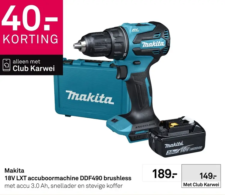 Aanbieding: Makita 18V LXT accuboormachine DDF490 brushle