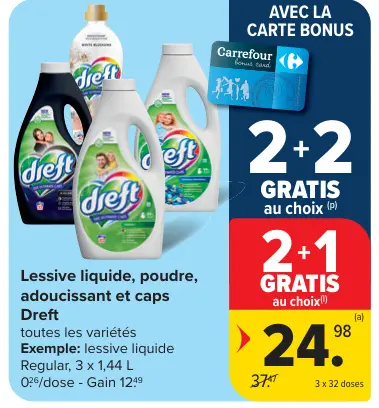 Offre: Lessive liquide, poudre, adoucissant et caps