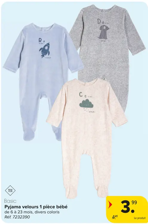 Offre: Pyjama velours 1 pièce bébé
