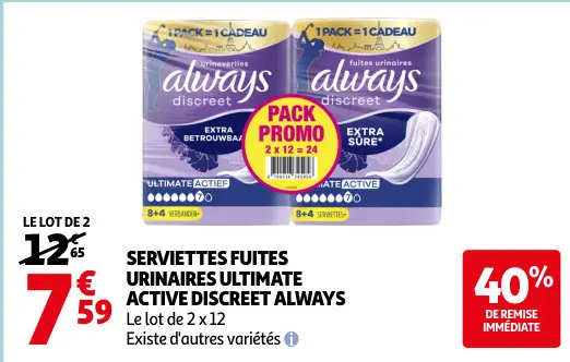 Offre: Serviettes fuites urinaires ultimate active discreet always