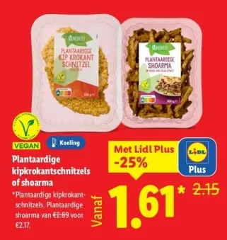 Aanbieding: Plantaardige kipkrokantschnitzels of shoarma