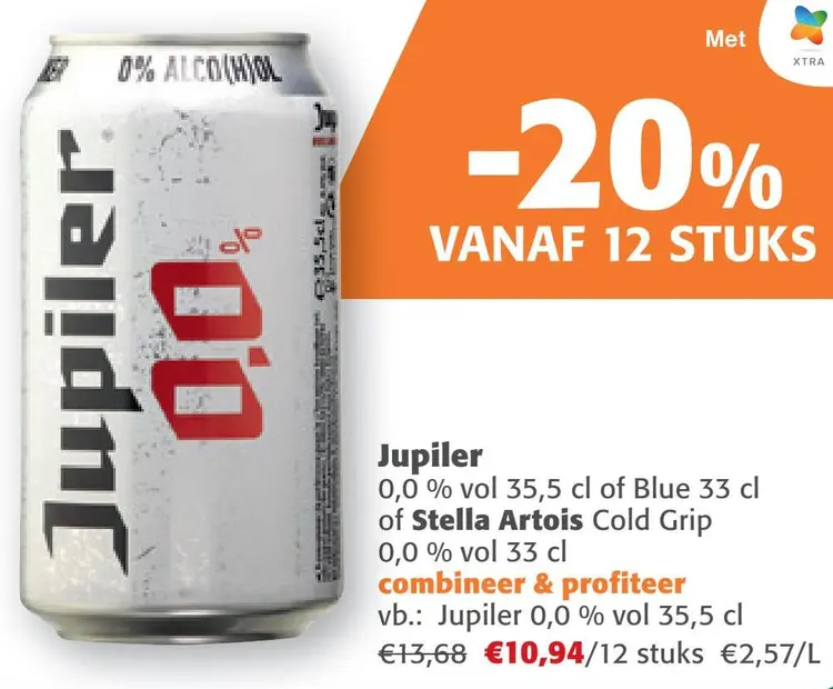 Aanbieding: Jupiler 0,0 % vol 35,5 cl of Blue 33 cl of Stella Artois Cold Grip 0,0 %