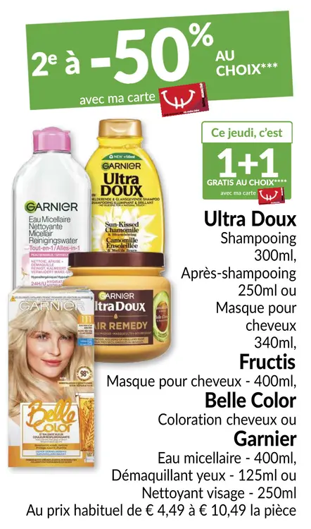 Offre: Shampooing, après-shampooing, masque pour cheveux, coloration cheveux, eau micellaire, démaquillant yeux ou nettoyant visage