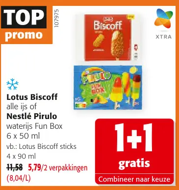 Promotie: Lotus Biscoff alle ijs of Nestlé Pirulo water