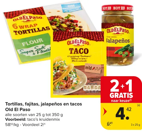 Promotie: Tortillas, fajitas, jalapeños en tacos
