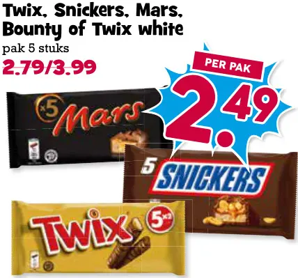 Aanbieding: Twix, Snickers, Mars, Bounty of Twix white