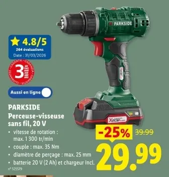 Offre: Perceuse-visseuse sans fil, 20 V