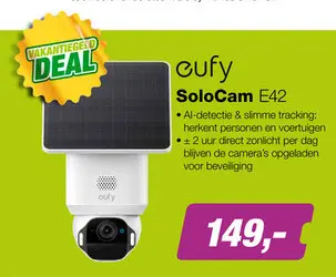 Aanbieding: eufy SoloCam E42 Draadloze 4K Buitenbeveiligingscamera met Solar, AI‑tracking & 360° Pan/Tilt